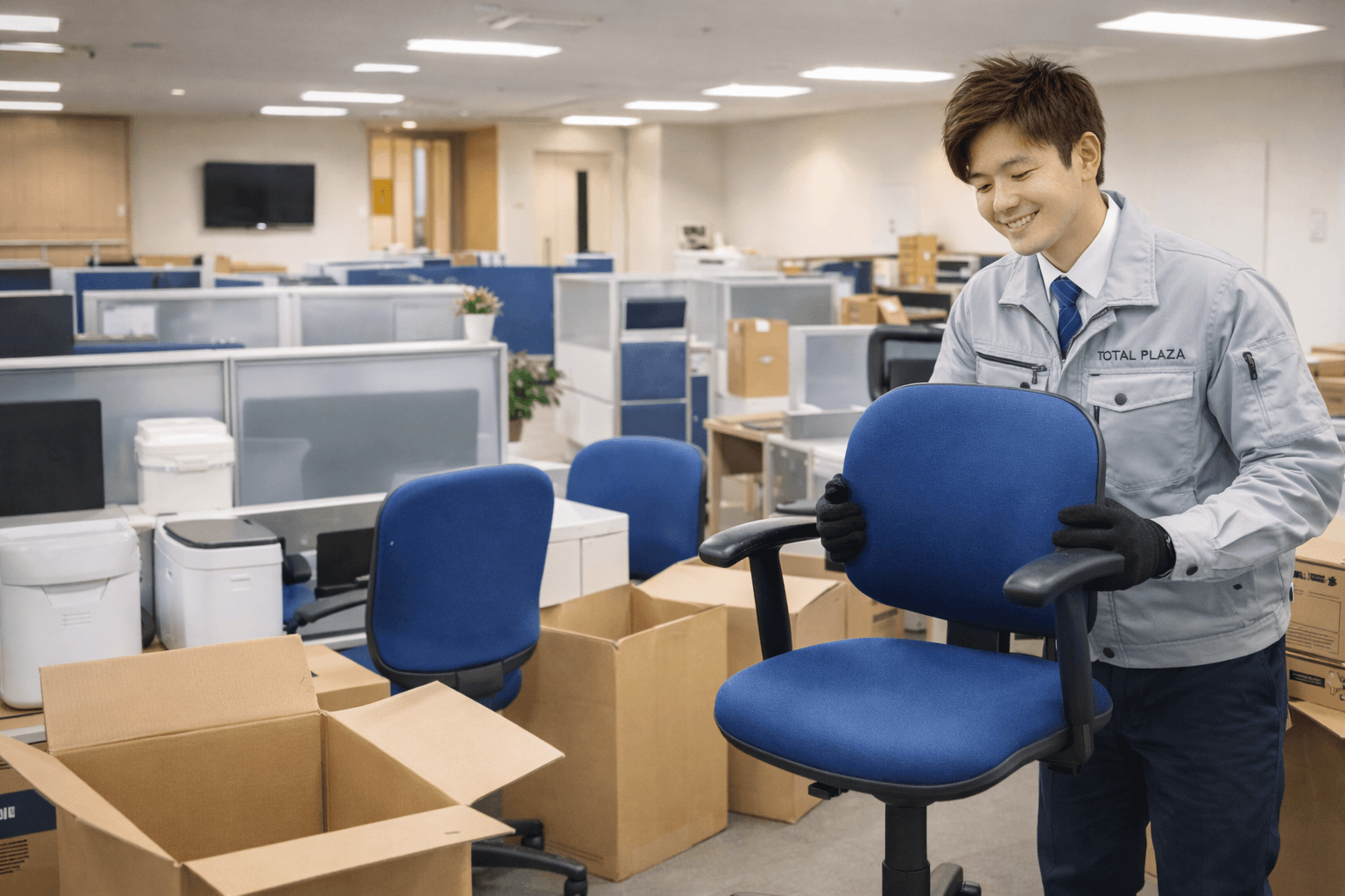 福岡でオフィス回収や事業所の不用品回収を行う作業スタッフの様子